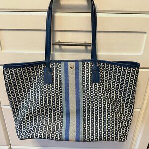 Large Tory Burch Gemini Link Tote Bright Blue/ Logo/ Striped